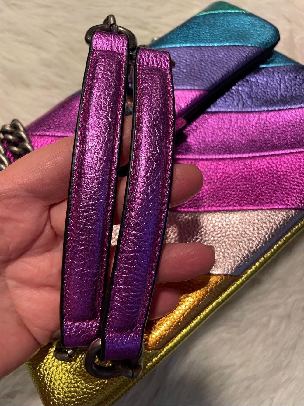 Kurt Geiger Kensington Rainbow Chevron Leather Crossbody Bag with Gunmetal Chain - Picture 14 of 15